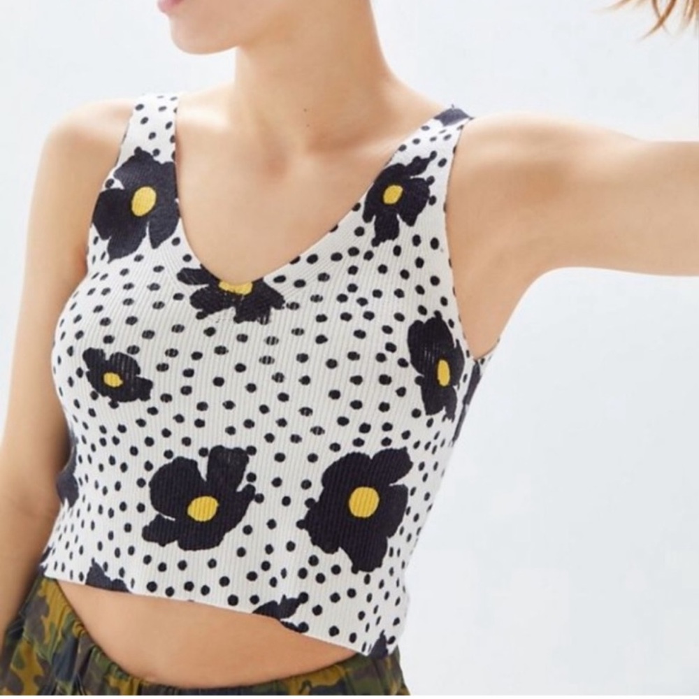 UO Urban Outfitters Floral Polka Dot Ribbed Knit‎ Crop Tank Top Blk White Sm